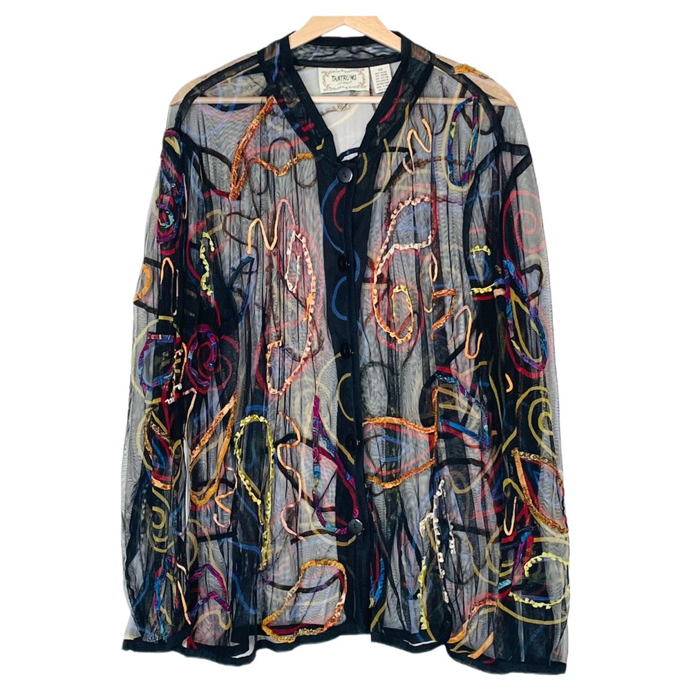 Tantrums Button-up Sheer Blouse Lightweight Jacket Colorful Corded Embroidery 3X